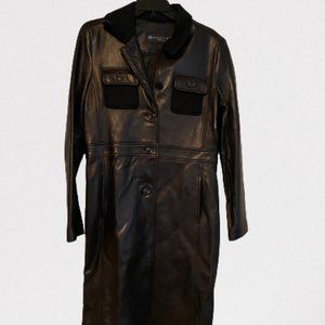 Black Two-Tone Leather and Wool Leather Trench Coat